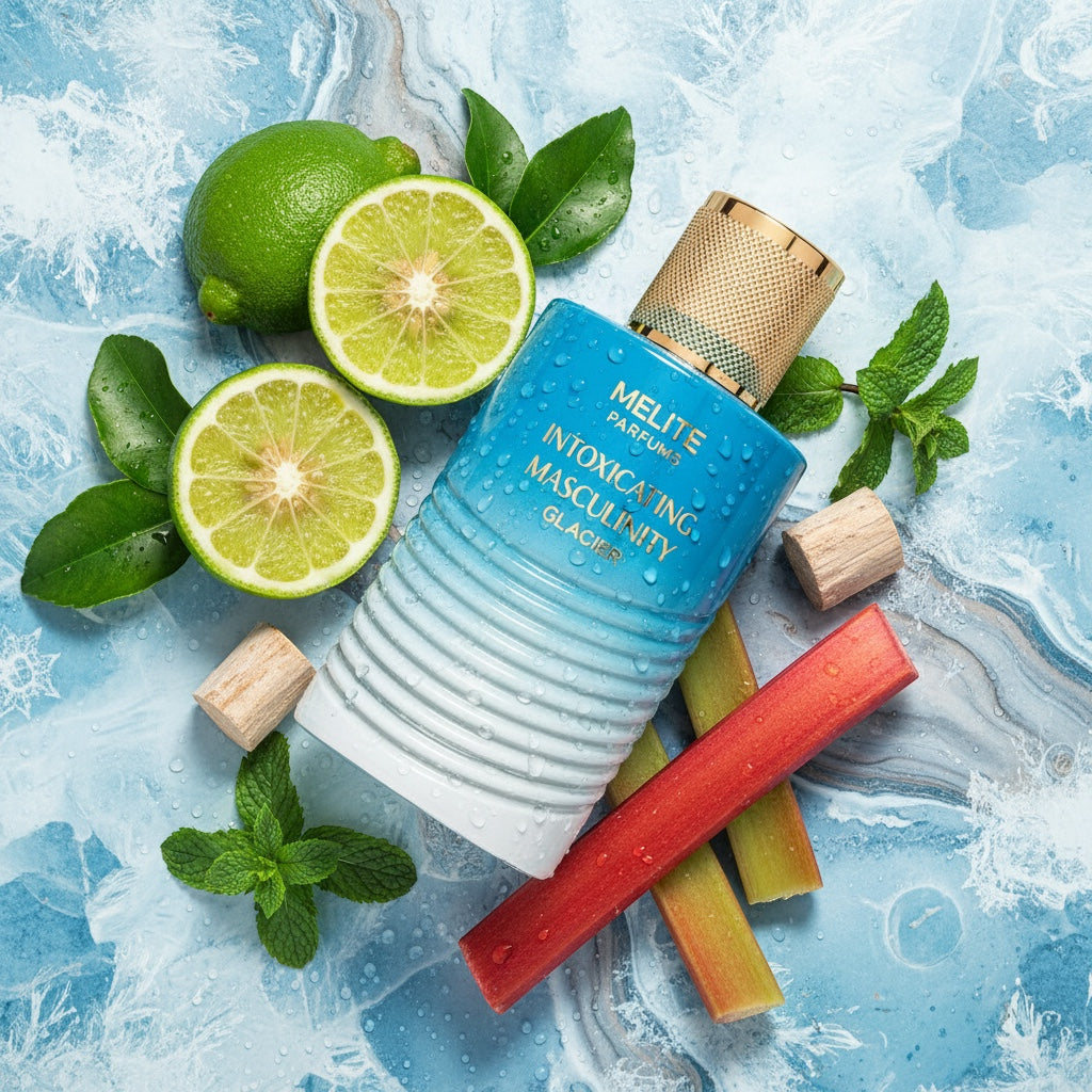 Melite Parfums Intoxicating Masculinity Glacier men's EDP bottle with mint, lime, and rhubarb accents.
