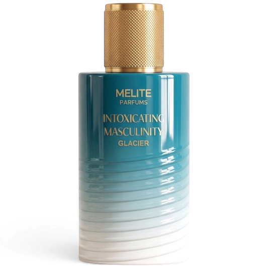MELITE PARFUMS Intoxicating Masculinity Glacier 55ml men's eau de parfum in a teal and white ombre bottle with gold cap