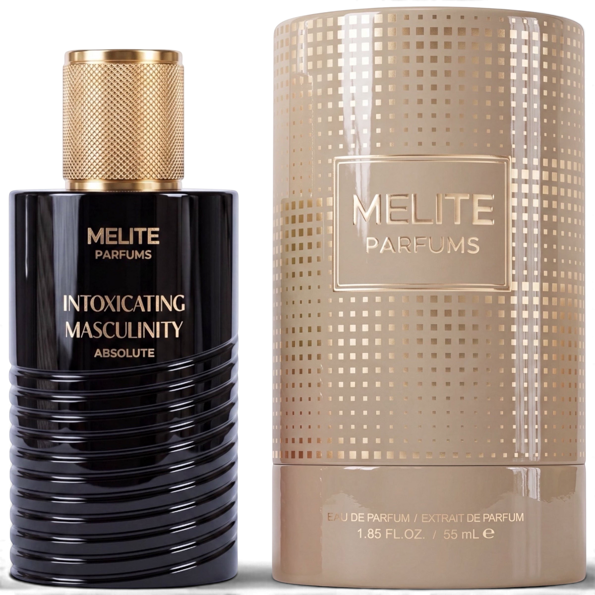 MELITE PARFUMS Intoxicating Masculinity Absolute 55ml men's EDP bottle with gold cap next to its matching gift box.