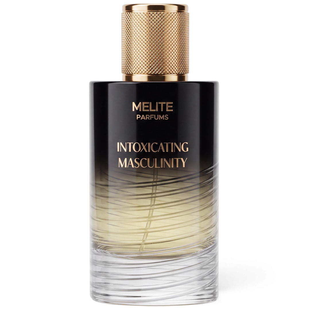 MELITE PARFUMS Intoxicating Masculinity 55ml men's extrait perfume bottle with a black and gold gradient design.