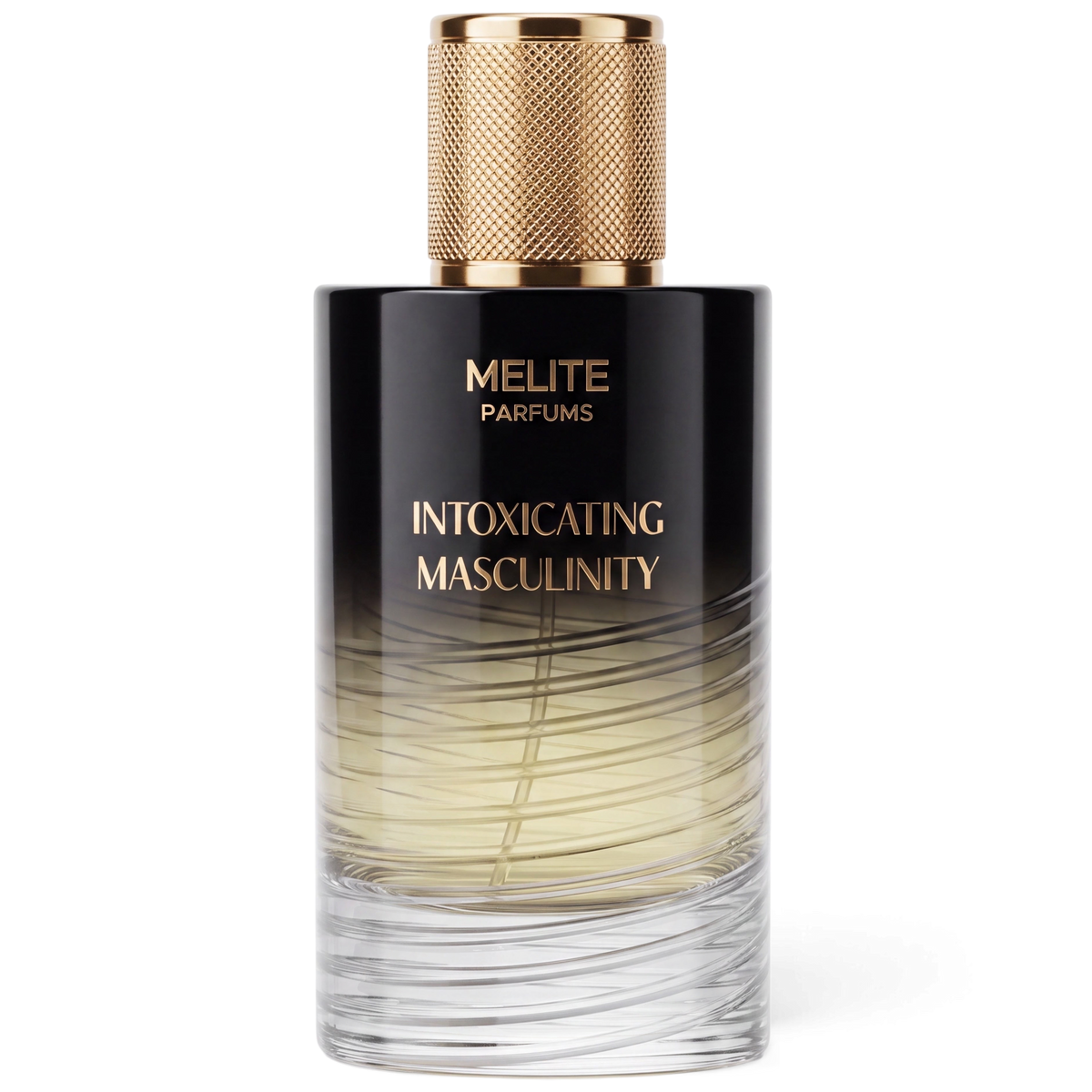 MELITE PARFUMS Intoxicating Masculinity 55ml men's extrait perfume bottle with a black and gold gradient design.