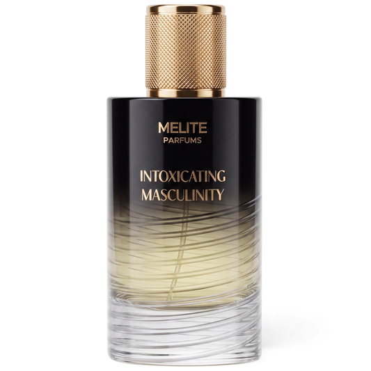 MELITE PARFUMS Intoxicating Masculinity 55ml men's extrait perfume bottle with a black and gold gradient design.