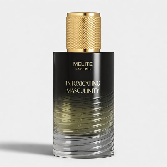 MELITE PARFUMS Intoxicating Masculinity 55ml men's extrait perfume in a sleek black and clear glass bottle with gold cap