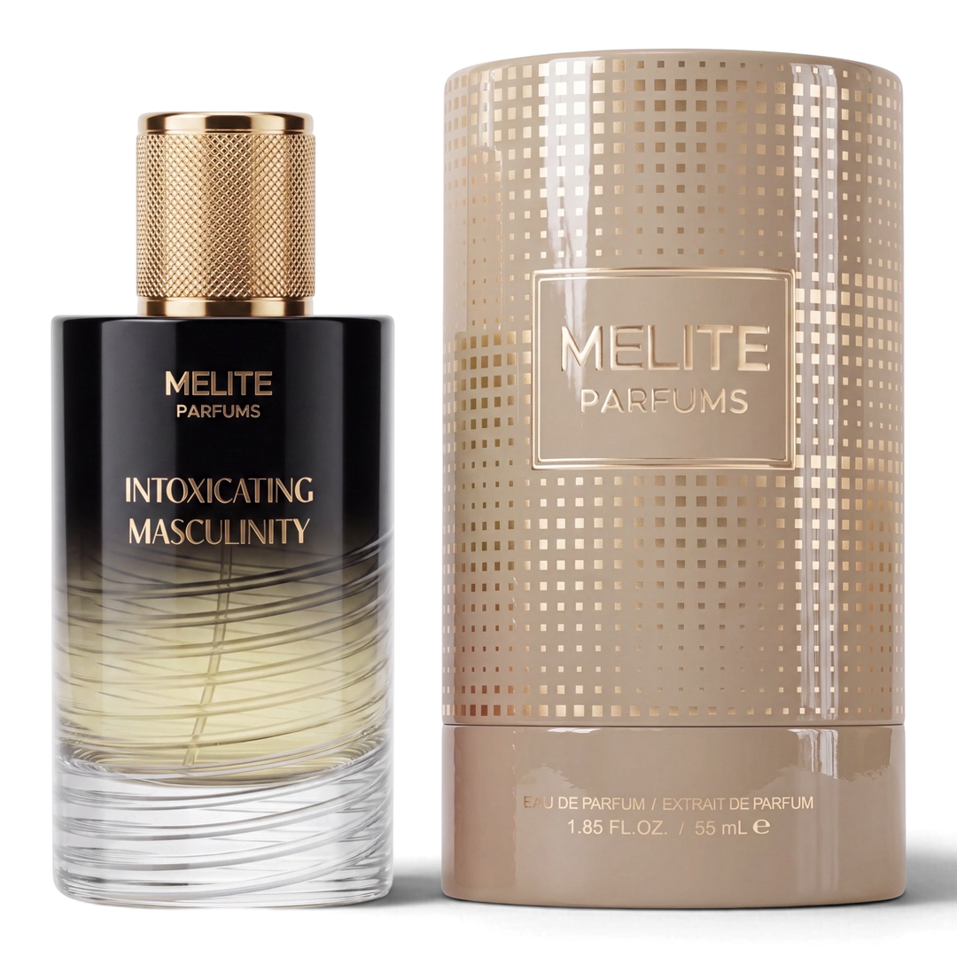 MELITE PARFUMS Intoxicating Masculinity 55ml extrait perfume bottle with gold cap and matching cylindrical box