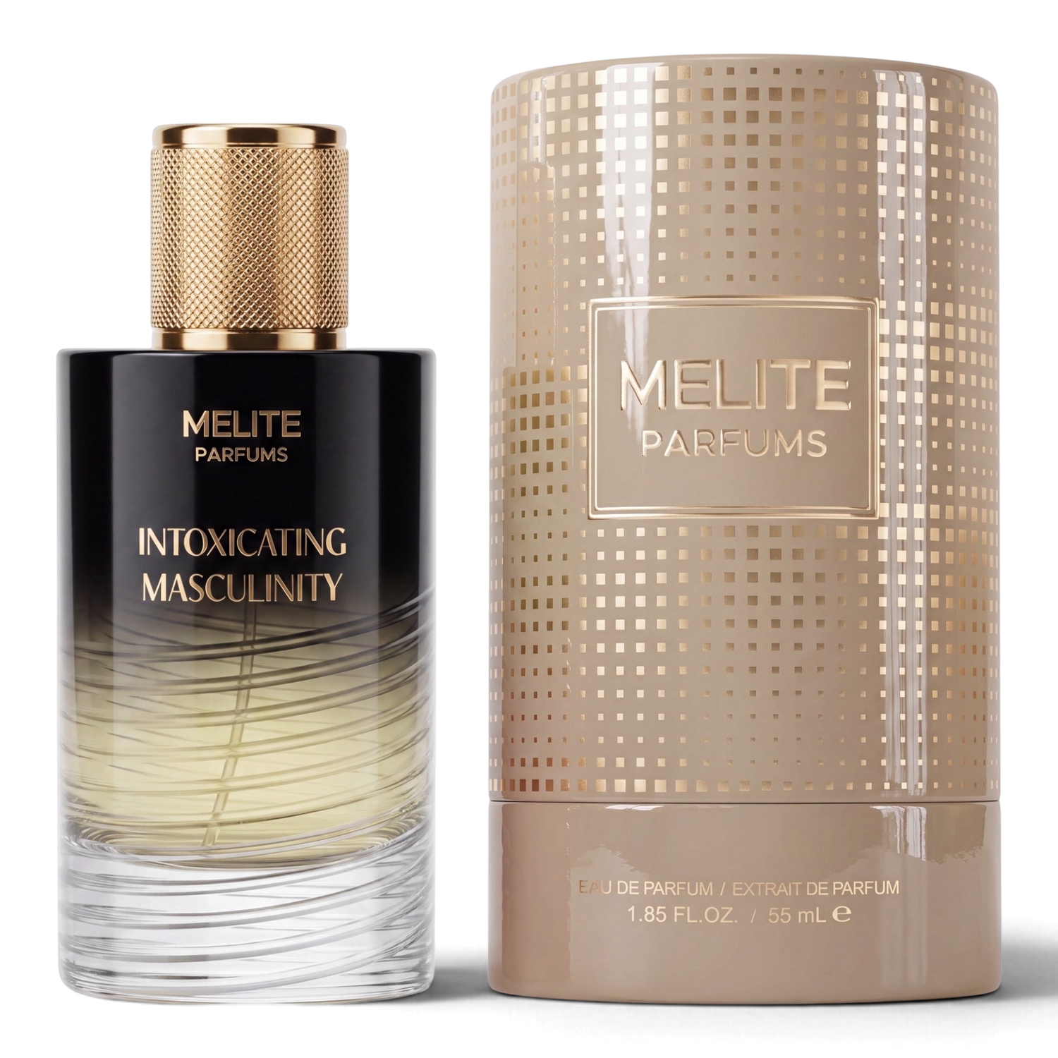 MELITE PARFUMS Intoxicating Masculinity 55ml extrait perfume bottle with gold cap and matching cylindrical box