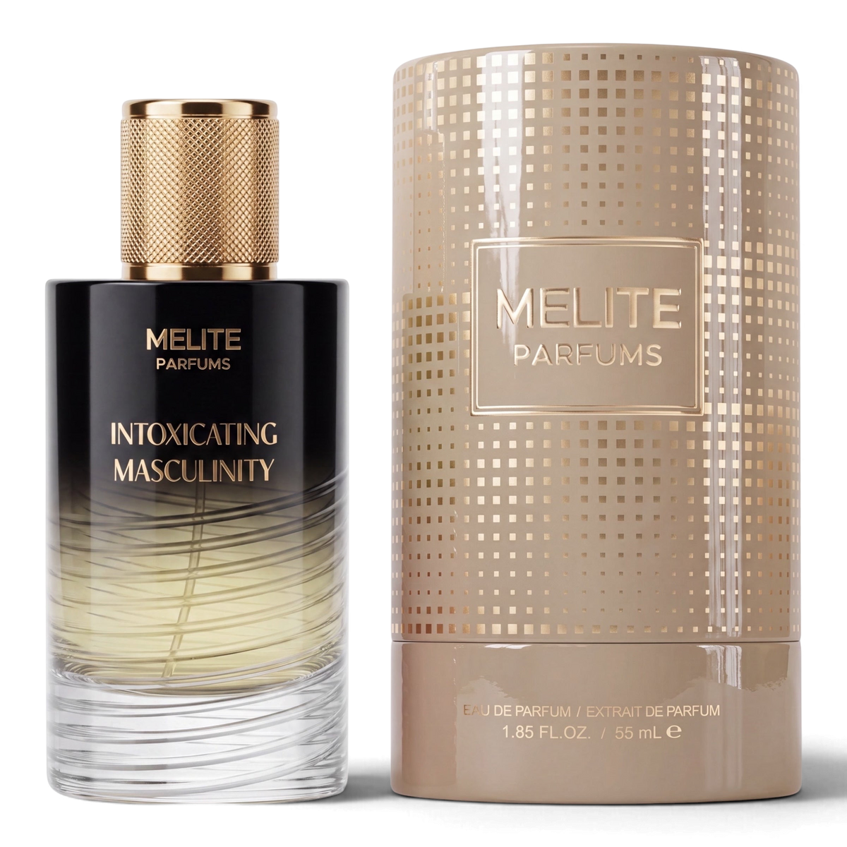 MELITE PARFUMS Intoxicating Masculinity 55ml extrait perfume bottle with gold cap and matching cylindrical box