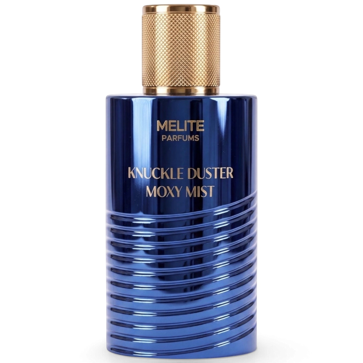 MELITE PARFUMS Knuckle Duster Moxy Mist men's EDP in a deep blue metallic bottle with a textured gold cap.