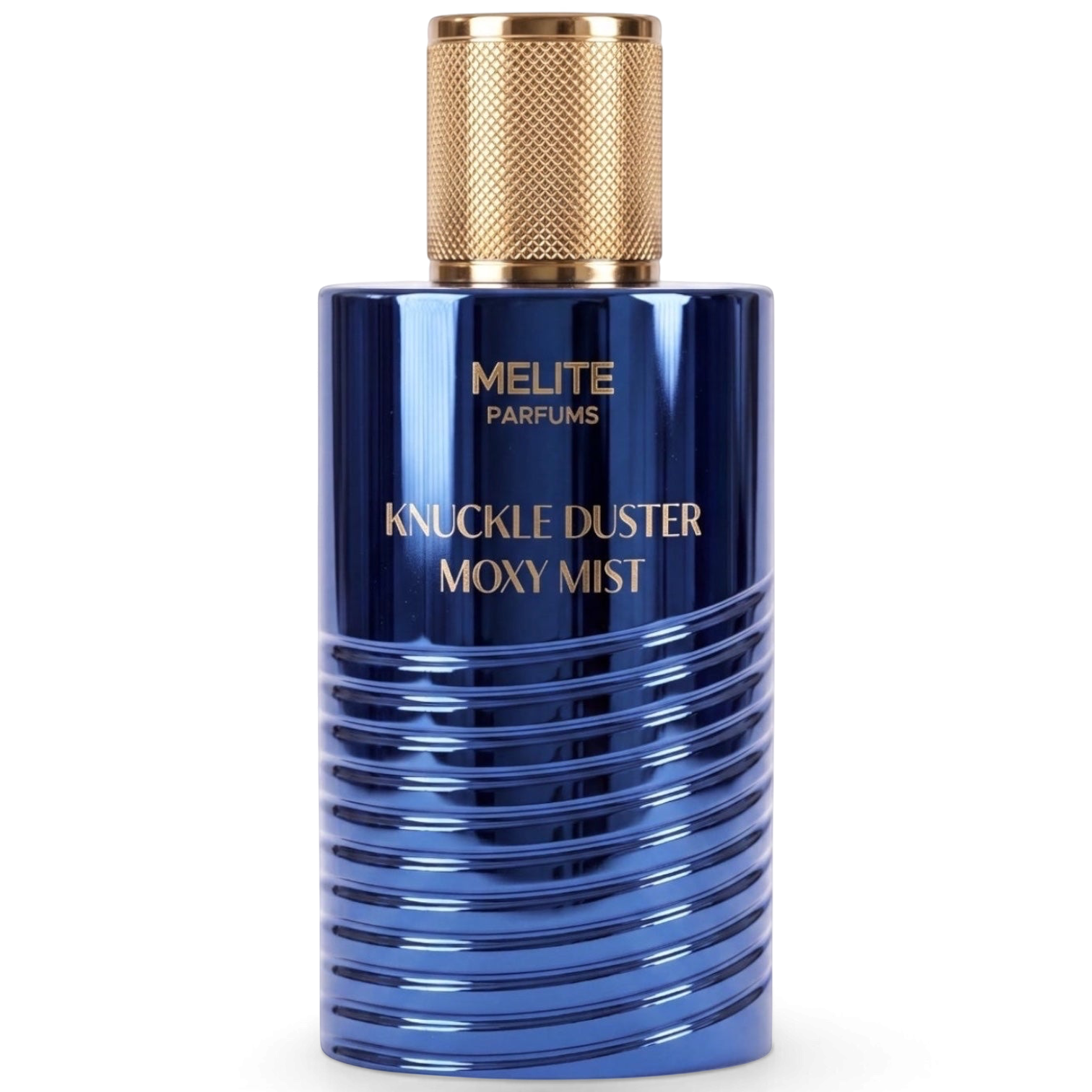 MELITE PARFUMS Knuckle Duster Moxy Mist men's EDP in a deep blue metallic bottle with a textured gold cap.