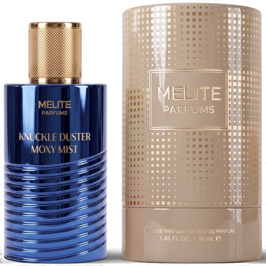 MELITE PARFUMS Knuckle Duster Moxy Mist 55ml EDP in a blue metallic ribbed bottle with a textured gold cap and box.