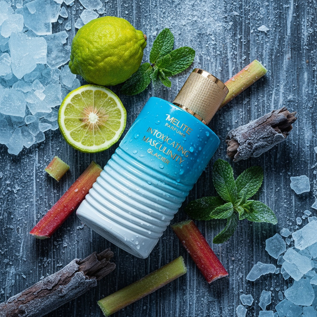 Melite Parfums Intoxicating Masculinity Glacier men's EDP bottle with mint, lime, rhubarb, and ice.
