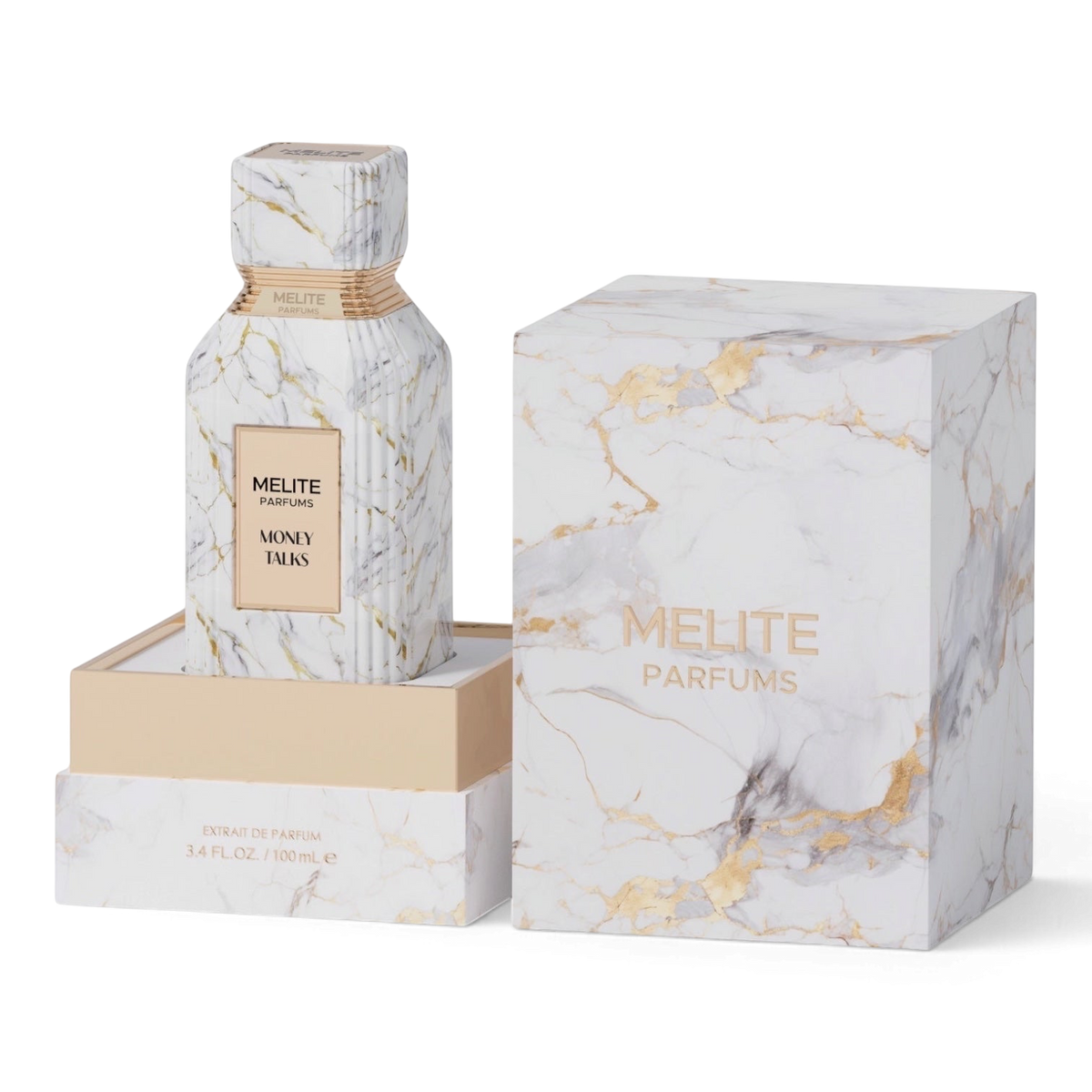 MELITE PARFUMS Money Talks extrait de parfum bottle and matching marble-patterned box on a white background