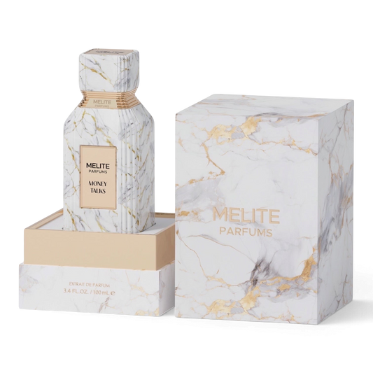 MELITE PARFUMS Money Talks extrait de parfum bottle and matching marble-patterned box on a white background