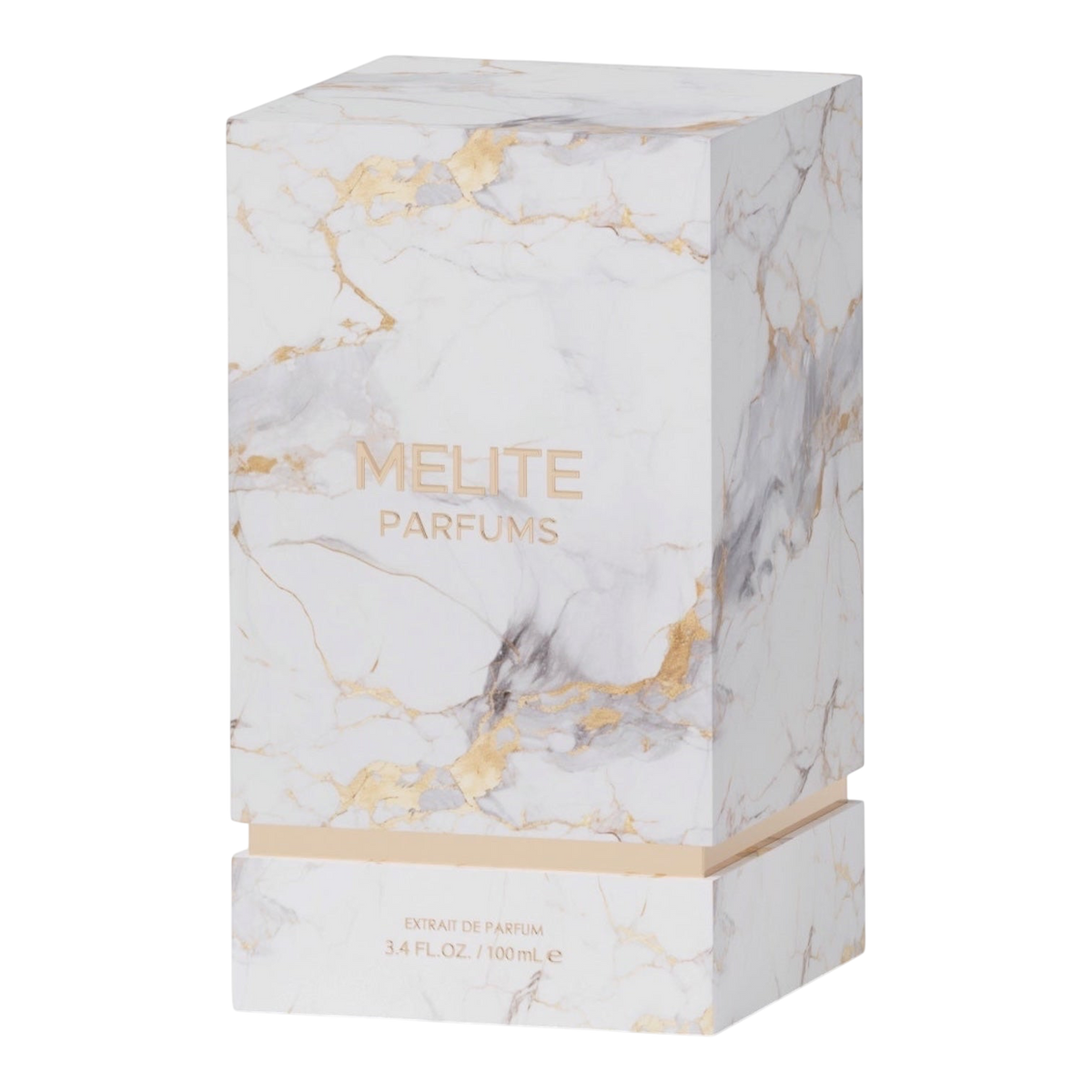 MELITE PARFUMS Money Talks Extrait de Parfum in a luxury white and gold marble-patterned rectangular box.