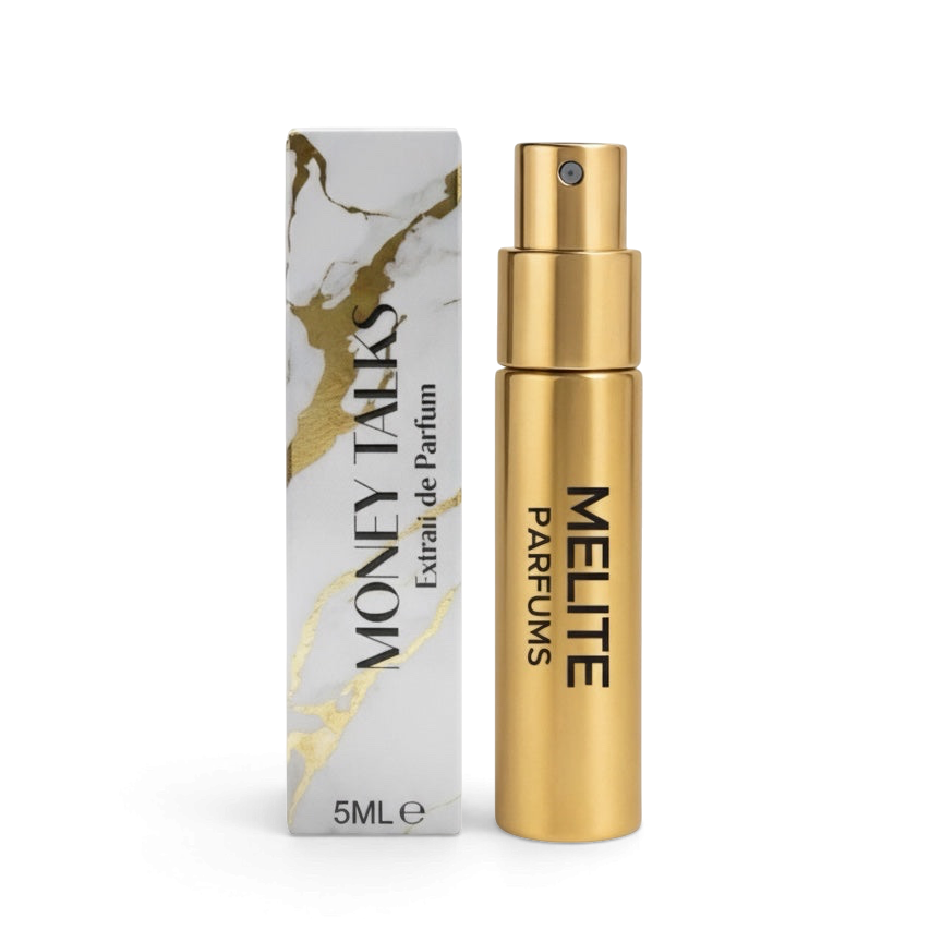 MELITE PARFUMS Money Talks 5ml unisex extrait de parfum in a gold spray bottle with white and gold marble box