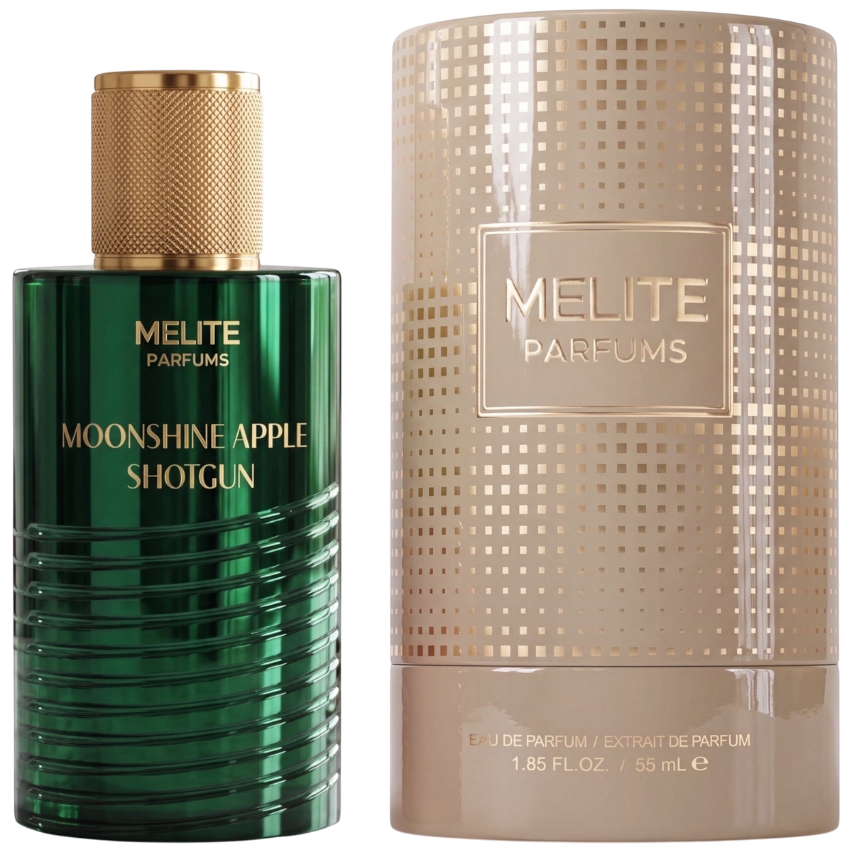 MELITE PARFUMS Moonshine Apple Shotgun 55ml unisex eau de parfum bottle with green glass and gold cap next to box