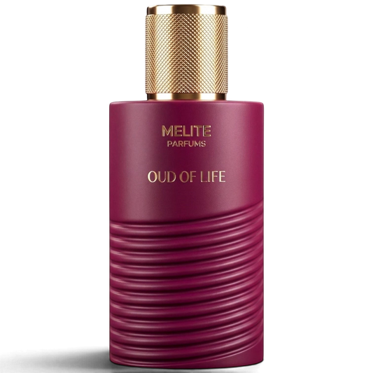MELITE PARFUMS Oud of Life unisex eau de parfum in a deep burgundy bottle with a textured base and gold cap
