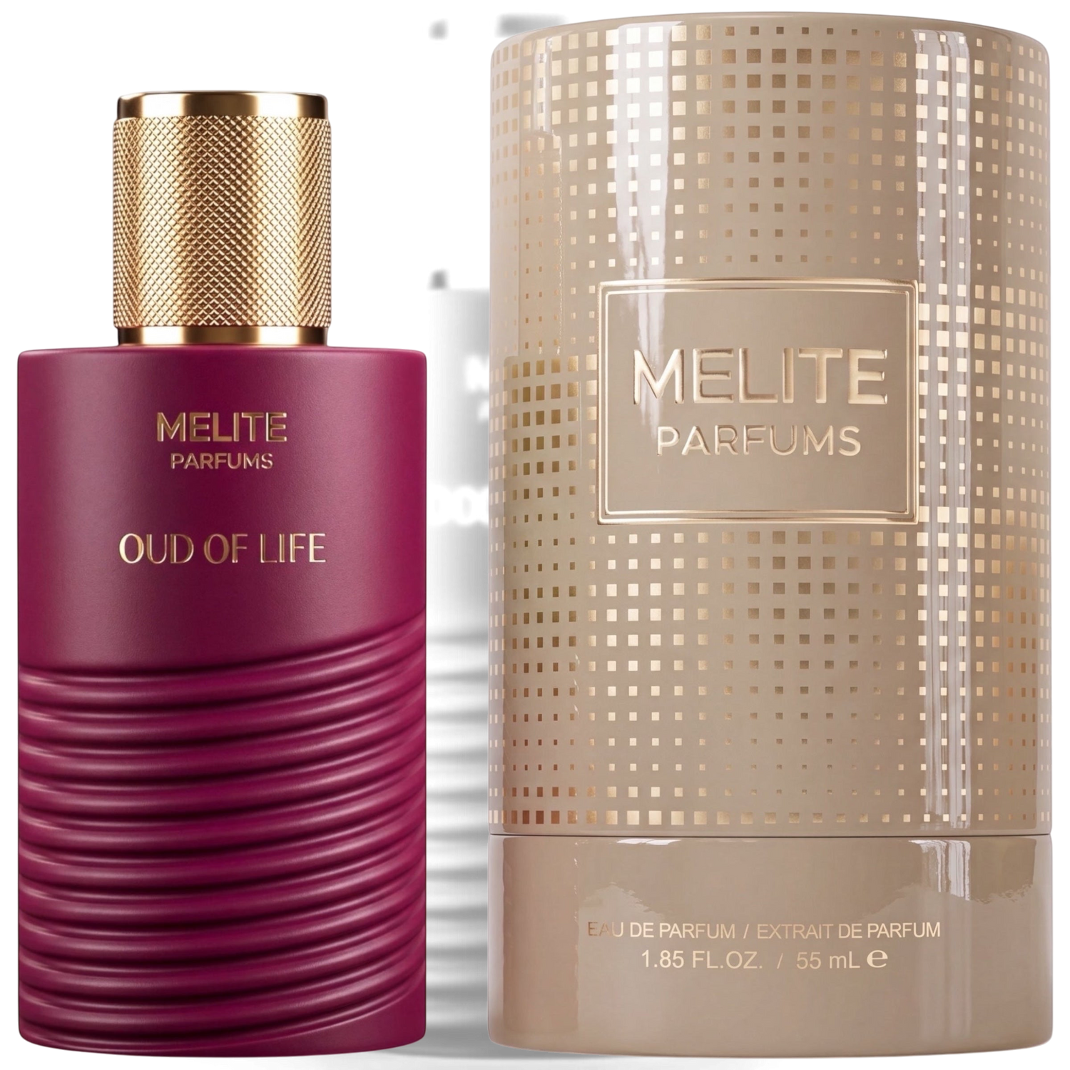 MELITE PARFUMS Oud of Life 55ml unisex eau de parfum bottle in deep magenta with gold cap and matching beige box