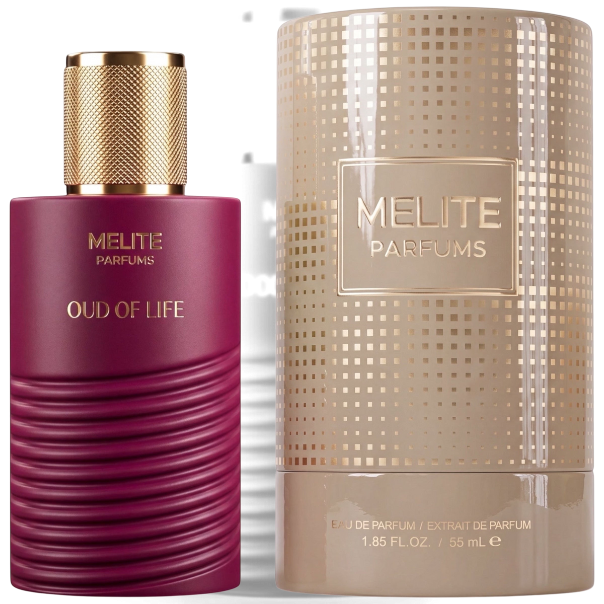 MELITE PARFUMS Oud of Life 55ml unisex eau de parfum bottle in deep magenta with gold cap and matching beige box