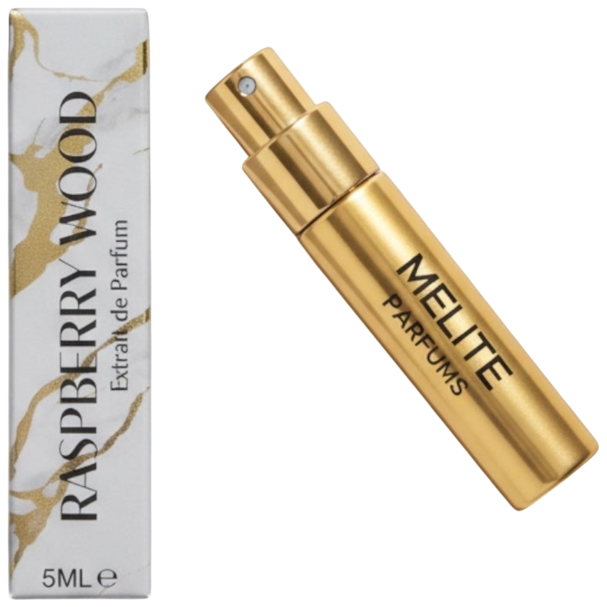 MELITE PARFUMS Raspberry Wood extrait de parfum travel spray in a gold metallic bottle next to its marble-patterned box