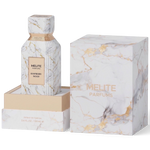 MELITE PARFUMS Raspberry Wood extrait de parfum bottle and matching marble-patterned box with gold accents.