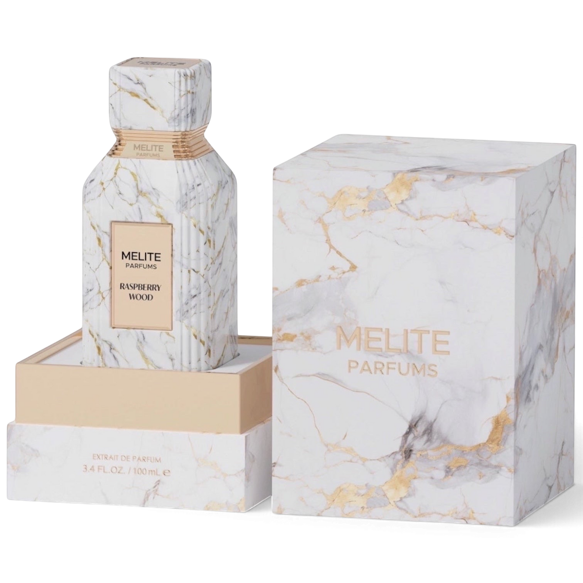 MELITE PARFUMS Raspberry Wood extrait de parfum bottle and matching marble-patterned box with gold accents.
