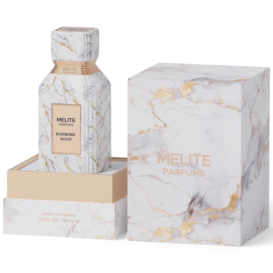 MELITE PARFUMS Raspberry Wood extrait de parfum bottle and matching marble-patterned box with gold accents.