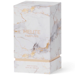MELITE PARFUMS Raspberry Wood Extrait de Parfum in a white and gold marble-patterned rectangular box