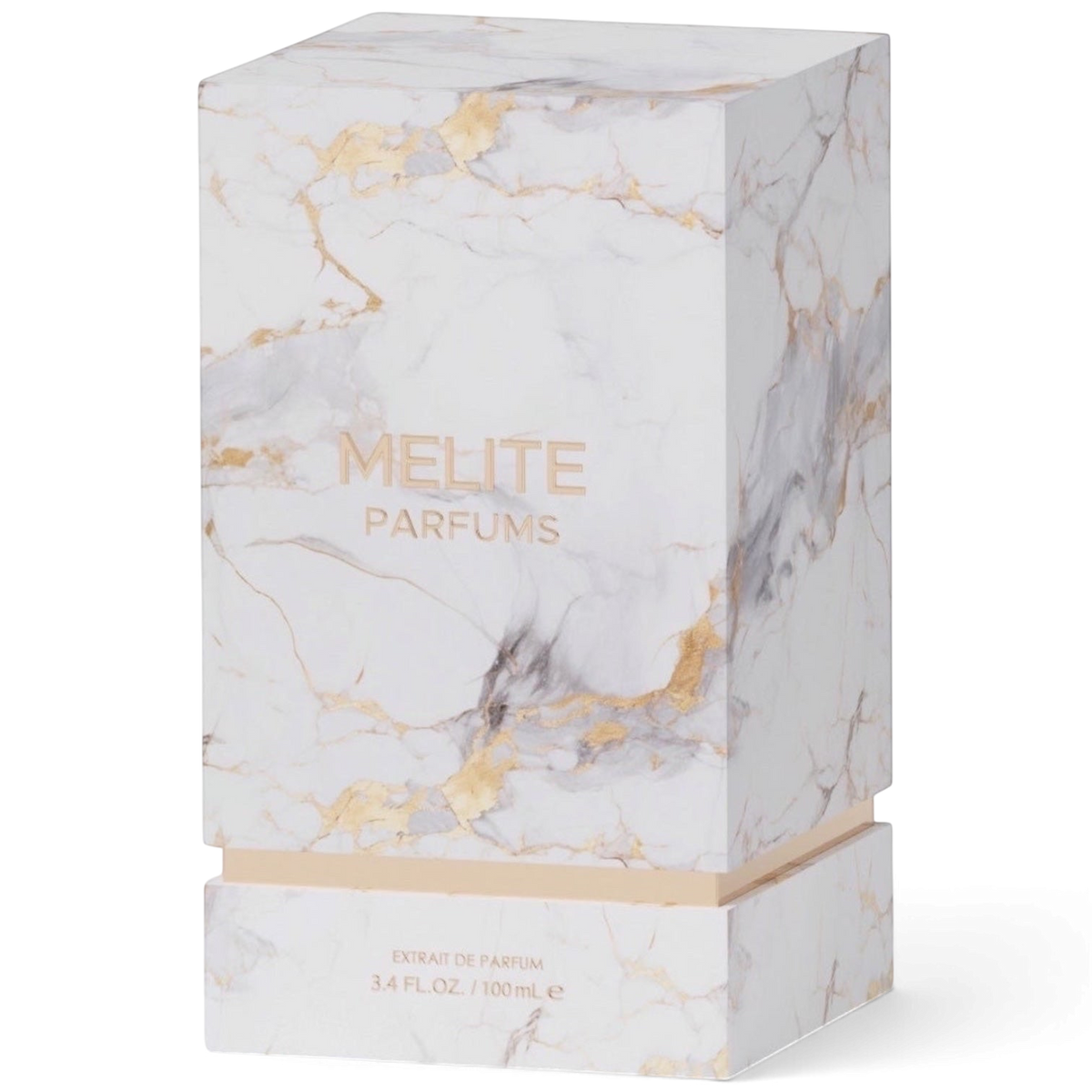 MELITE PARFUMS Raspberry Wood Extrait de Parfum in a white and gold marble-patterned rectangular box