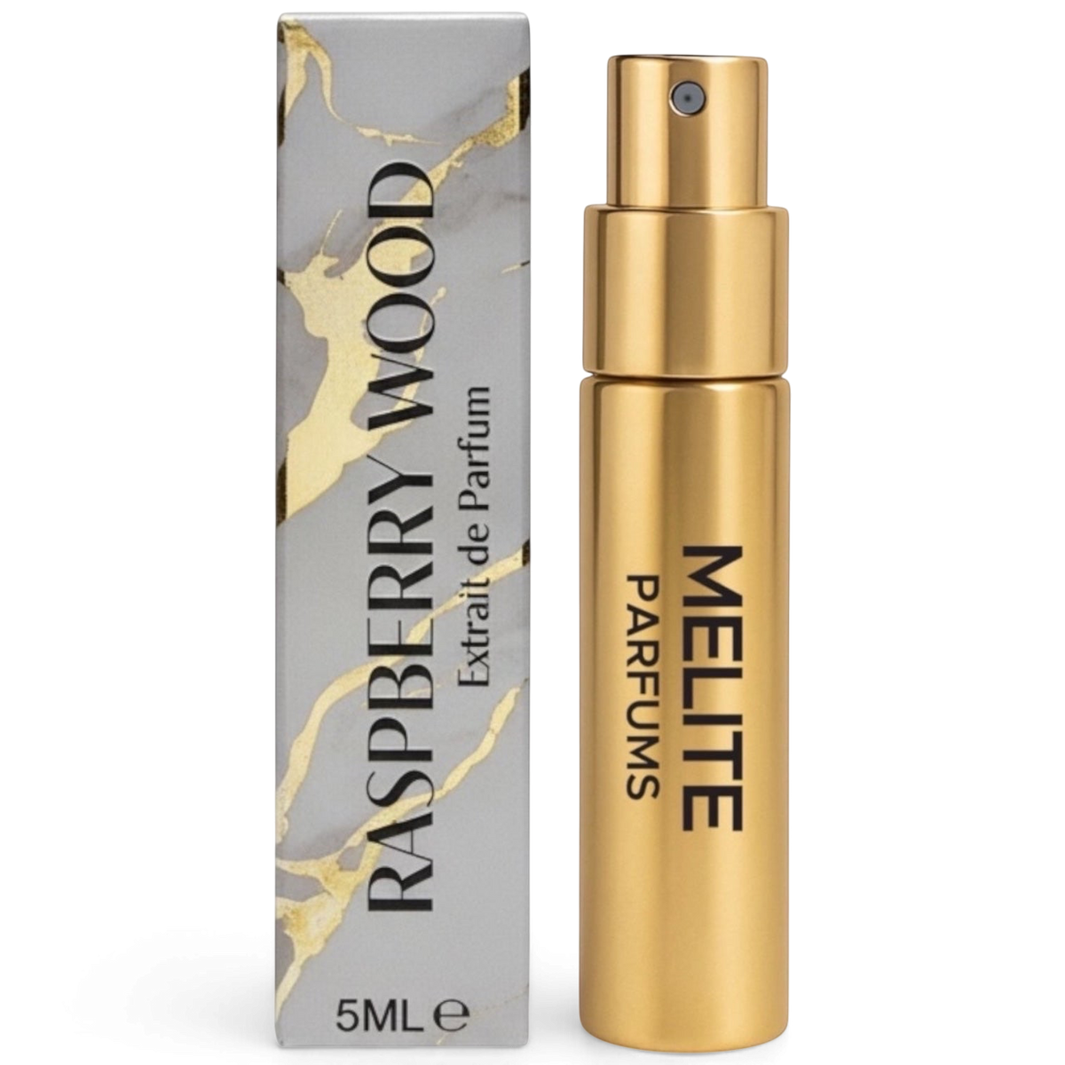 MELITE PARFUMS Raspberry Wood extrait de parfum 5ml travel spray with a gold bottle and marble-patterned box.