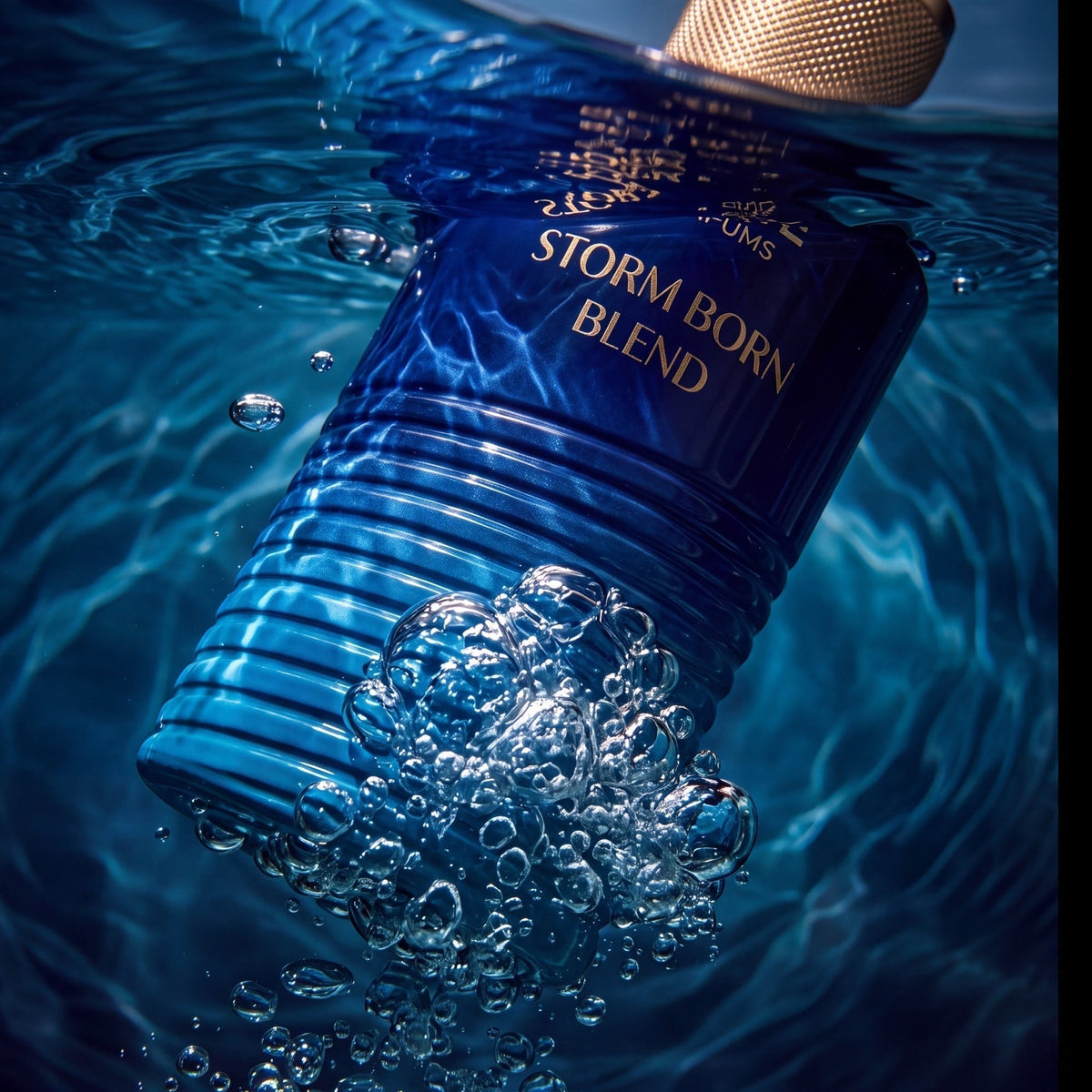 MELITE PARFUMS Storm Born Blend men's EDP bottle submerged in dark blue water with bubbles and golden cap