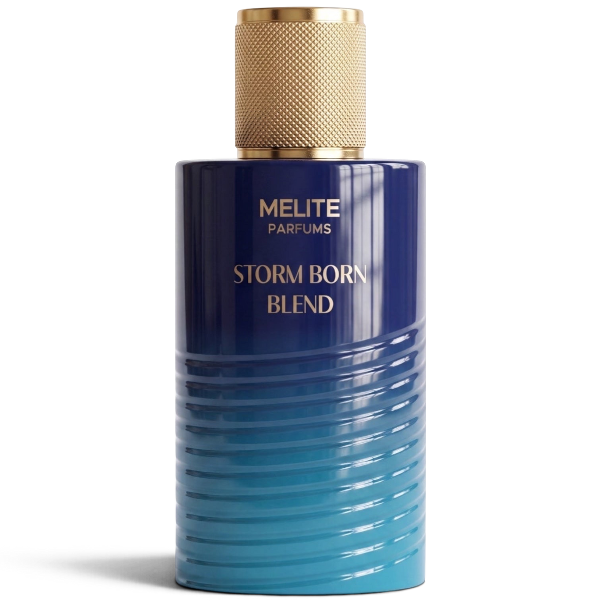 MELITE PARFUMS Storm Born Blend men's eau de parfum in a blue ombre bottle with a textured gold cap.