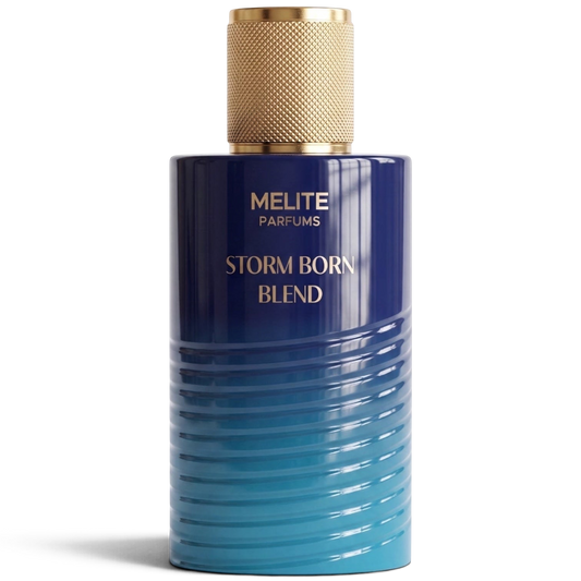 MELITE PARFUMS Storm Born Blend men's eau de parfum in a blue ombre bottle with a textured gold cap.