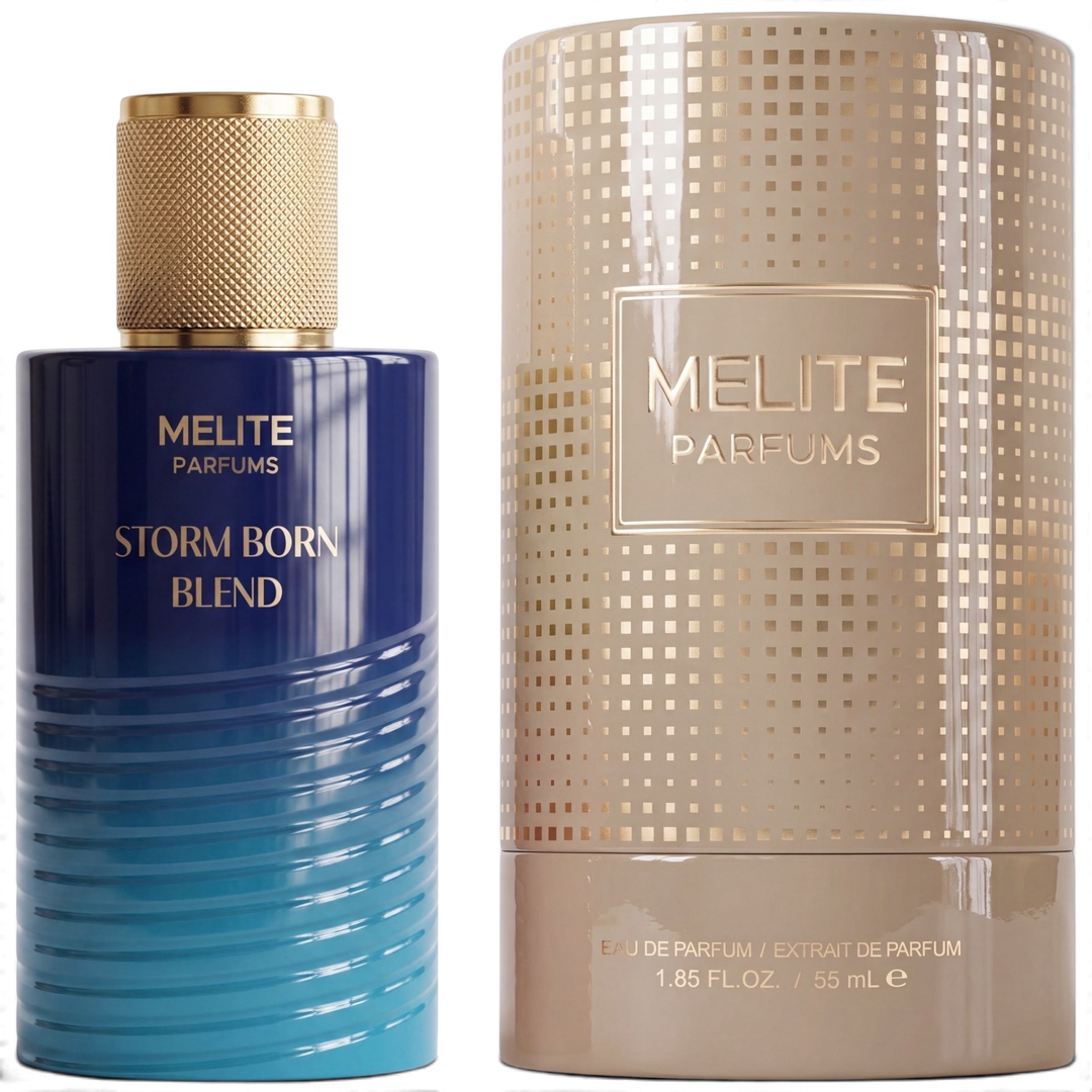 MELITE PARFUMS Storm Born Blend 55ml men's EDP with a blue gradient bottle and a textured gold cylindrical box.