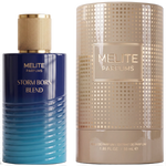 MELITE PARFUMS Storm Born Blend 55ml men's EDP with a blue gradient bottle and a textured gold cylindrical box.