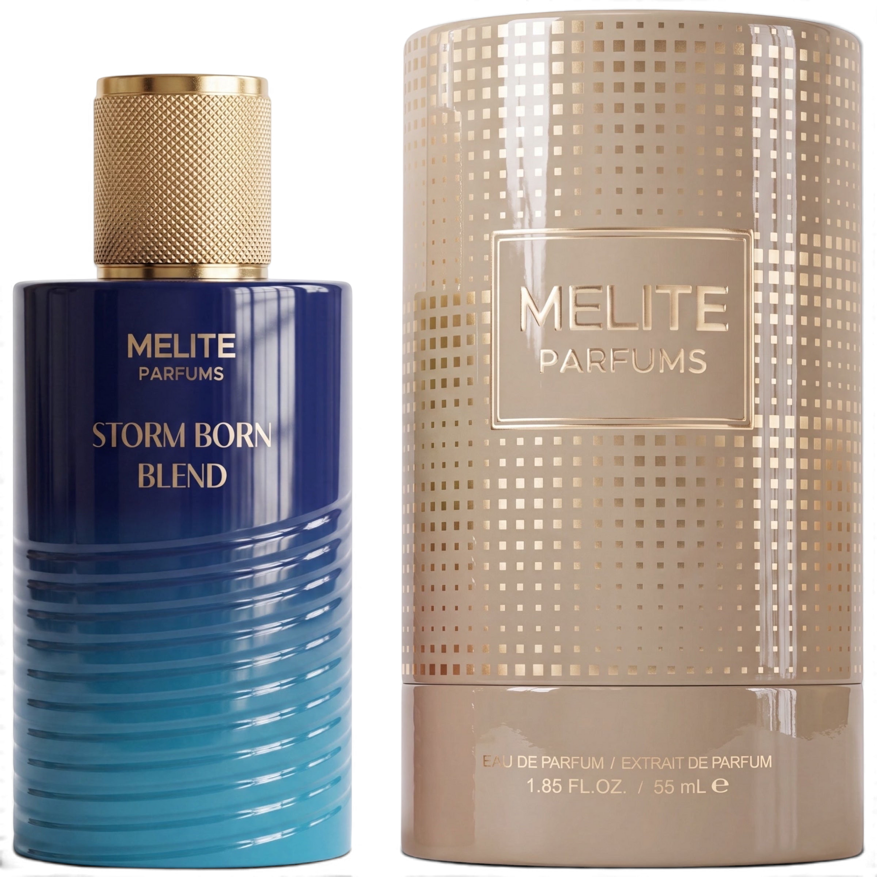 MELITE PARFUMS Storm Born Blend 55ml men's EDP with a blue gradient bottle and a textured gold cylindrical box.