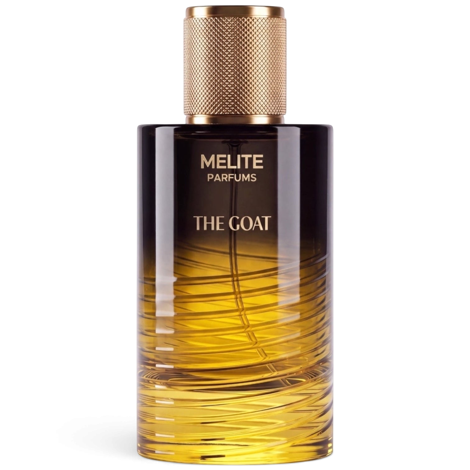 MELITE PARFUMS The Goat unisex eau de parfum in a glass bottle with a gold textured cap and amber gradient design.