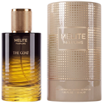 MELITE PARFUMS The Goat 55ml unisex eau de parfum bottle with gold cap next to its matching patterned cylindrical box