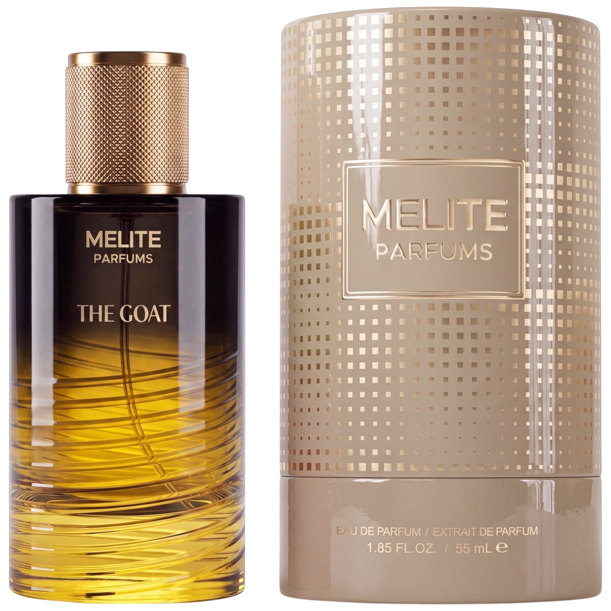 MELITE PARFUMS The Goat 55ml unisex eau de parfum bottle with gold cap next to its matching patterned cylindrical box
