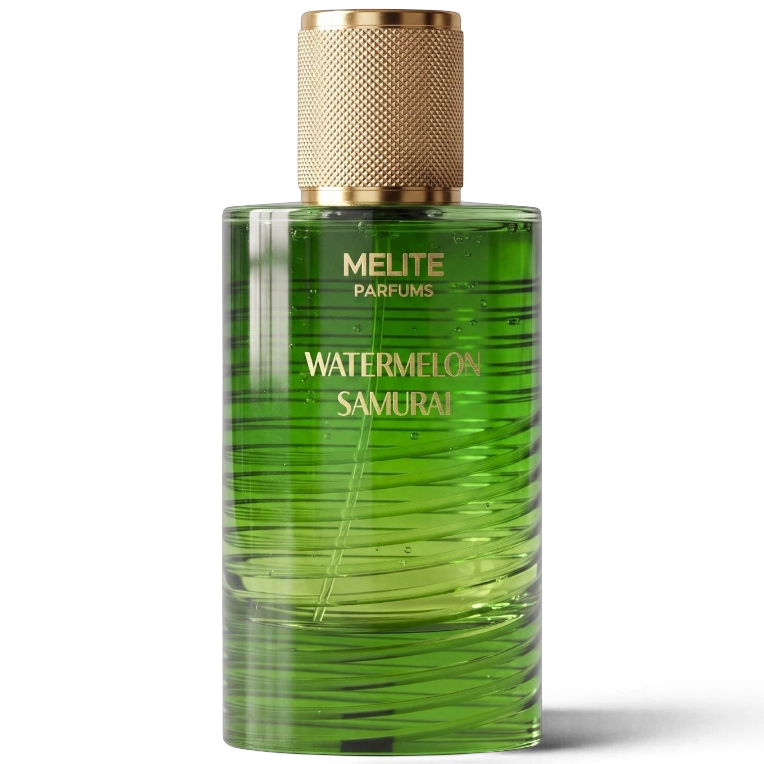 MELITE PARFUMS Watermelon Samurai unisex eau de parfum in a green glass bottle with a textured gold cap.
