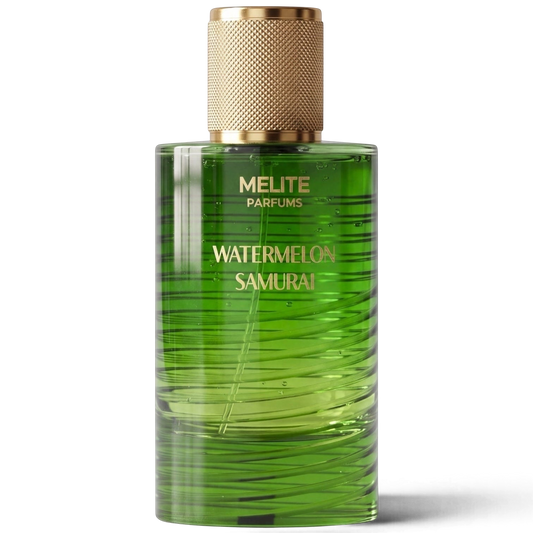 MELITE PARFUMS Watermelon Samurai unisex eau de parfum in a green glass bottle with a textured gold cap.