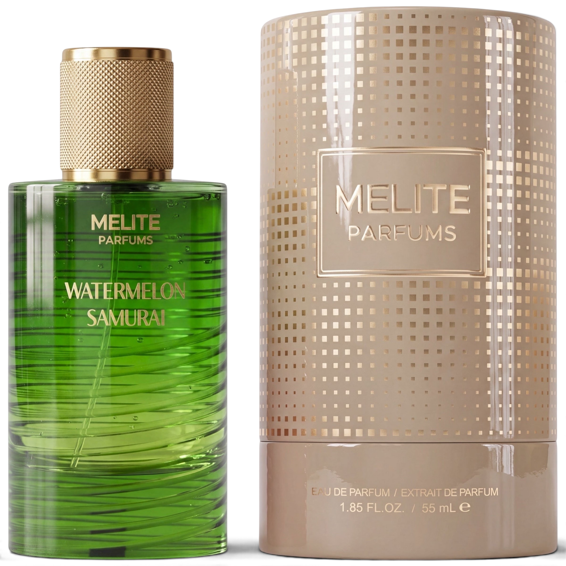 MELITE PARFUMS Watermelon Samurai 55ml unisex eau de parfum bottle with green glass and gold cap next to its box