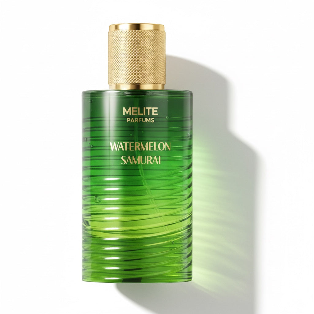 Melite Parfums Watermelon Samurai unisex EDP in a green glass bottle with a gold cap. Fresh, fruity, and woody fragrance notes.