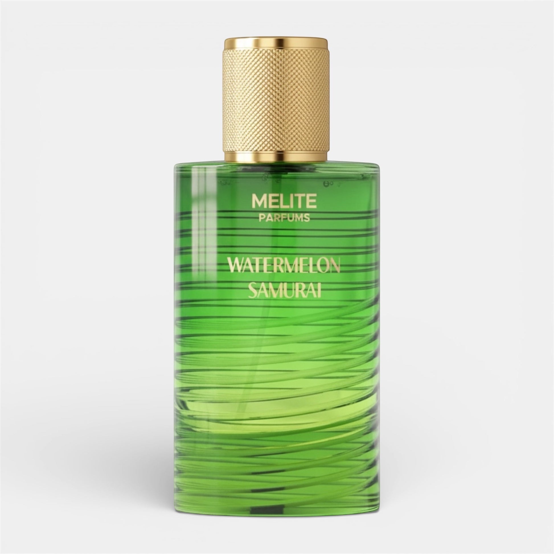 Melite Parfums Watermelon Samurai unisex EDP 55ml, a vibrant green glass bottle with a textured gold cap, featuring a gradient green liquid and horizontal line design.