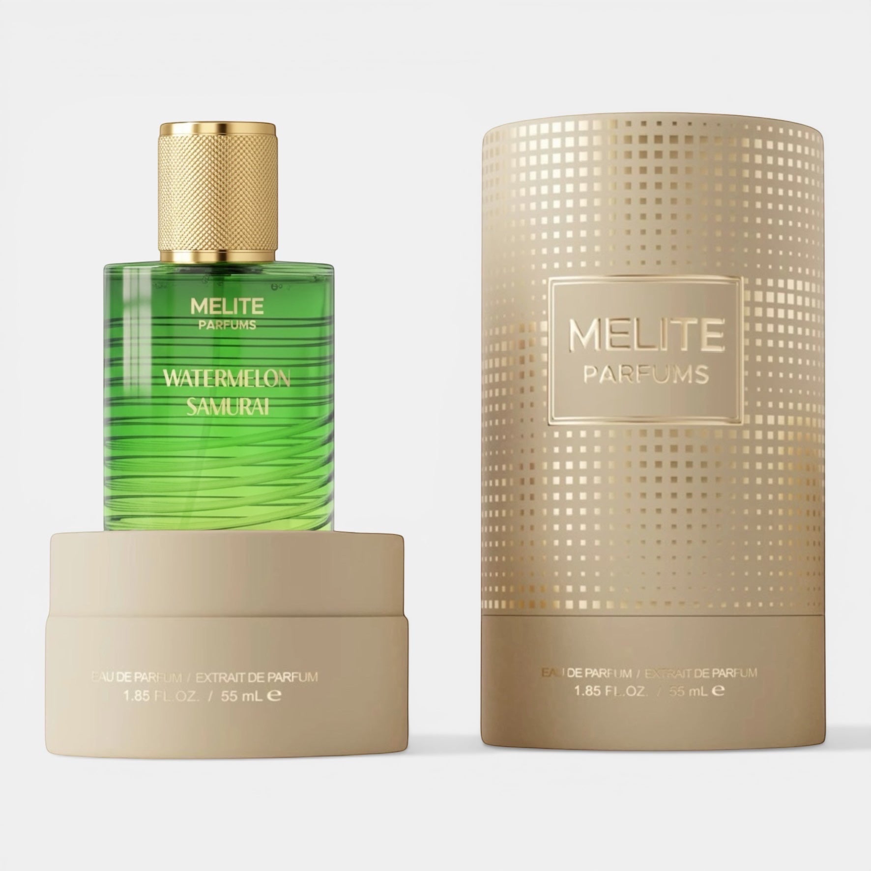 Melite Parfums Watermelon Samurai unisex Eau de Parfum 55ml in a green glass bottle with gold cap, next to its gold patterned cylindrical box.